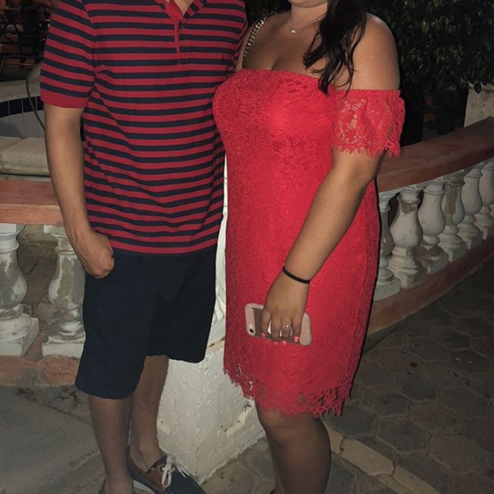 Red lace off the shoulder dress